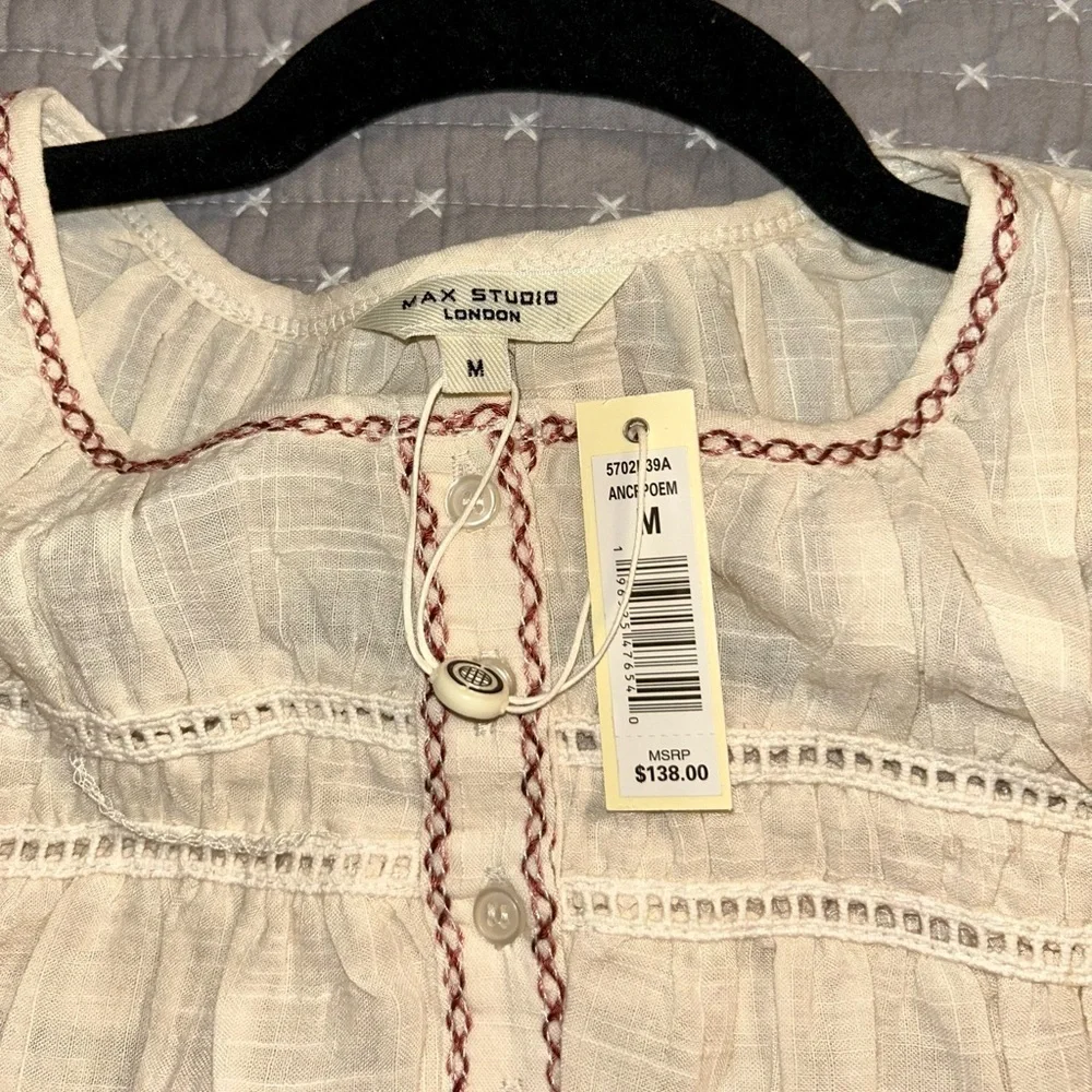 Max Studio Cream and Pink Embroidered Floral Blouse - Picture 5 of 7